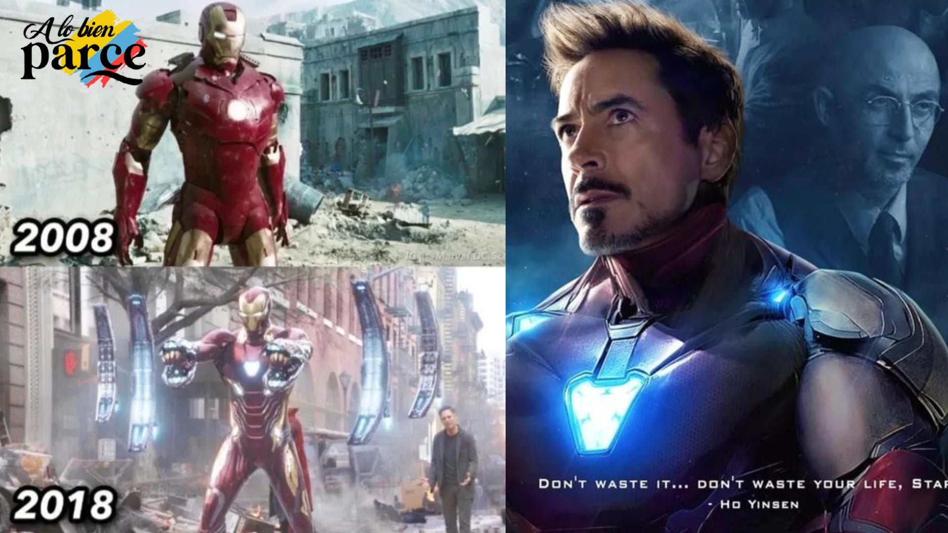 Iron Man Curiosidades Imagen del personaje Iron Man con su traje rojo y dorado, con un fondo de ciudad futurista.