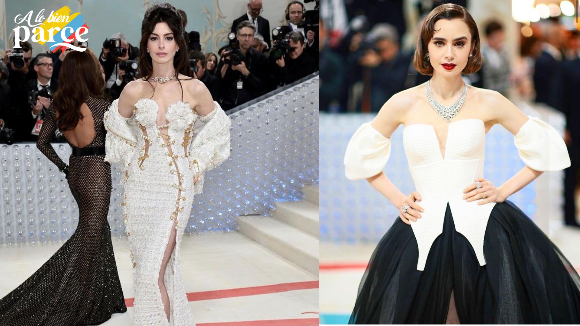 Foto de la alfombra roja del Met Gala 2023 con celebridades luciendo sus mejores atuendos.