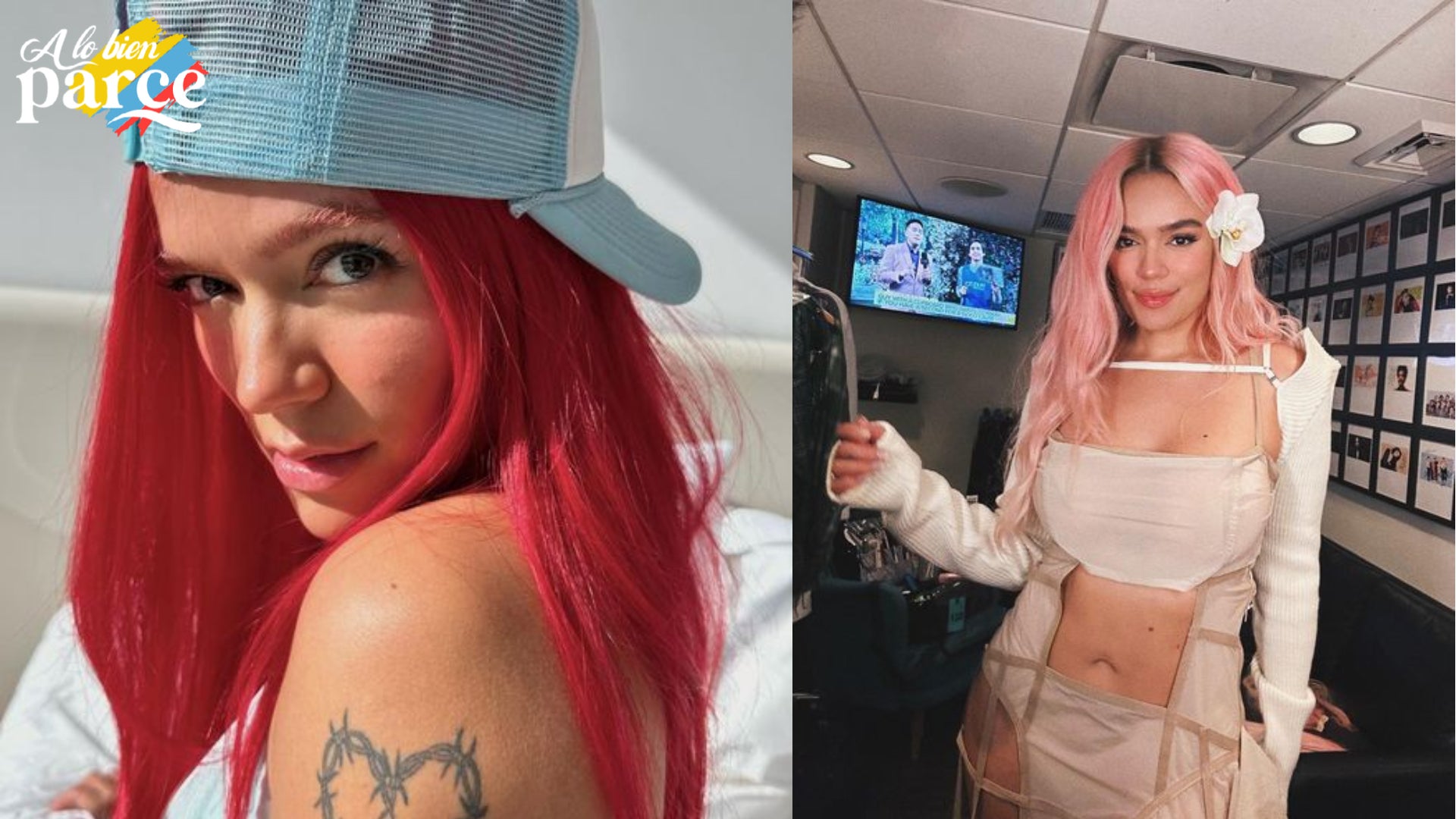 Karol g luciéndo su cabello de color rosado