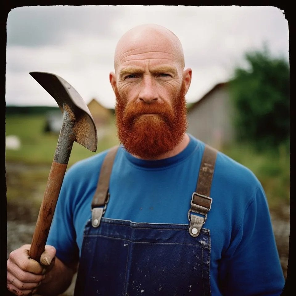 Willy el jardinero de los simpsons en la vida real con su hacha y su pelo rojizo